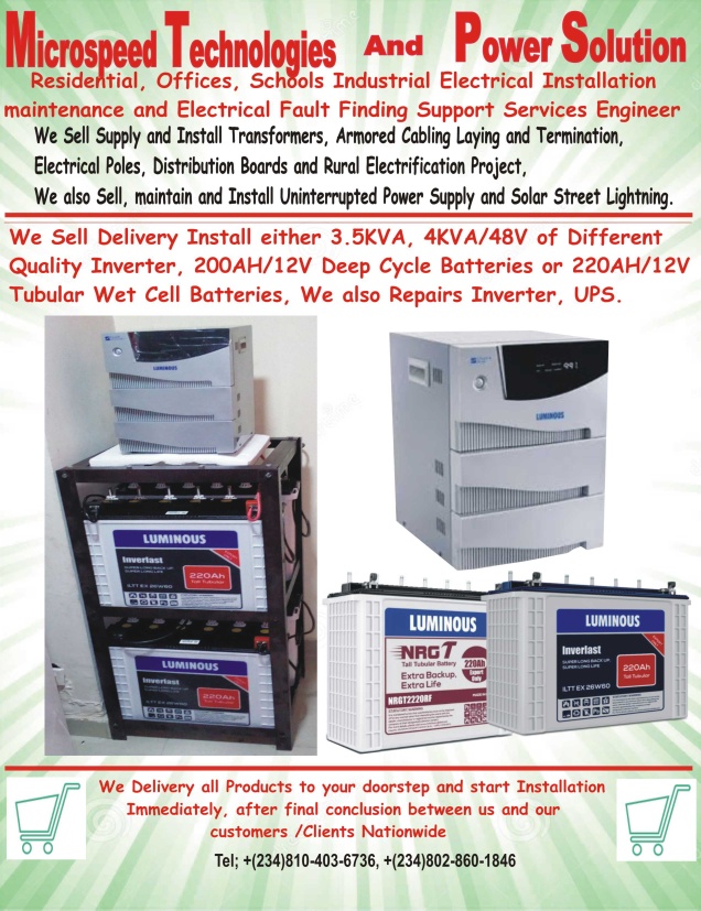 We sell Deliver and Install 4KVA/48V Inverter and Batteries